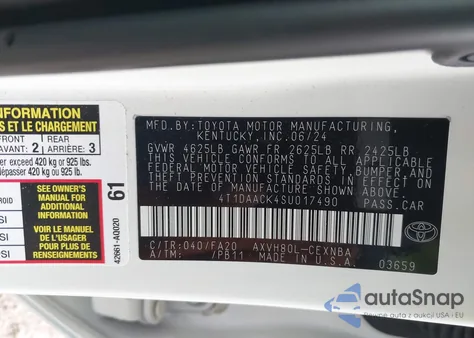 2025 Toyota Camry Le from USA, damaged, VIN 4T1DAACK4SU017490